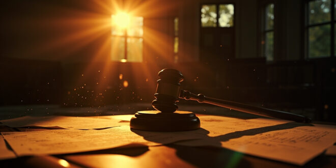Solitary wooden gavel and legal documents on an empty judge's bench in an abandoned courthouse at dusk