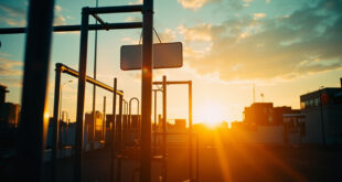 Deserted urban playground at twilight featuring empty equipment and a blank municipal sign pole illuminated in blue and white