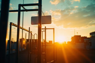 Deserted urban playground at twilight featuring empty equipment and a blank municipal sign pole illuminated in blue and white