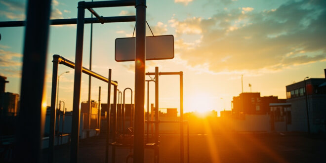 Deserted urban playground at twilight featuring empty equipment and a blank municipal sign pole illuminated in blue and white