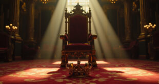 An ornate golden crown resting on a deep blue velvet cushion beside an empty throne in a palatial chamber