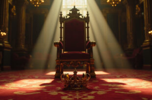 An ornate golden crown resting on a deep blue velvet cushion beside an empty throne in a palatial chamber