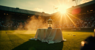 Empty Centre Court at twilight with pristine lined grass, abandoned tennis equipment, and championship trophy awaiting champions.