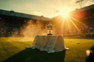 Empty Centre Court at twilight with pristine lined grass, abandoned tennis equipment, and championship trophy awaiting champions.