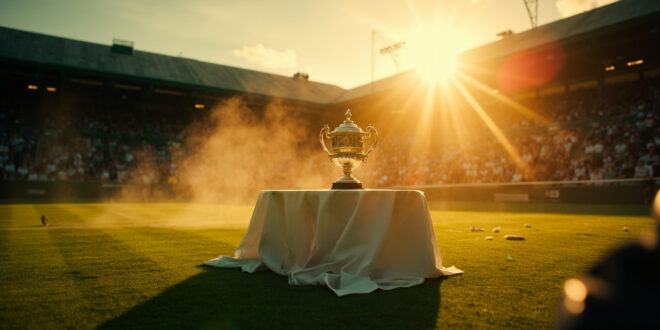 Empty Centre Court at twilight with pristine lined grass, abandoned tennis equipment, and championship trophy awaiting champions.
