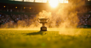 Venus Rosewater Dish trophy sitting alone on Wimbledon's Centre Court grass at sunset after women's final