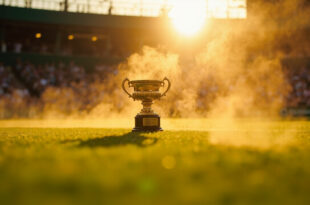 Venus Rosewater Dish trophy sitting alone on Wimbledon's Centre Court grass at sunset after women's final