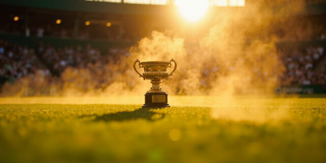 Venus Rosewater Dish trophy sitting alone on Wimbledon's Centre Court grass at sunset after women's final
