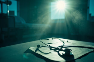 Empty hospital bed with medical equipment next to examination table with medical documents in a quiet, sunlit medical office