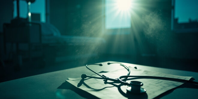 Empty hospital bed with medical equipment next to examination table with medical documents in a quiet, sunlit medical office