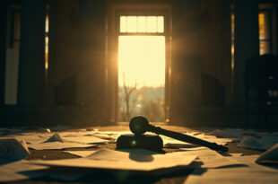 Scattered custody documents and a gavel on an empty judge's bench in an abandoned courthouse at dusk