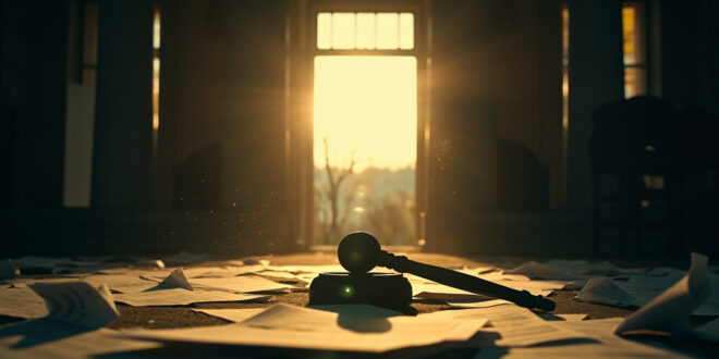 Scattered custody documents and a gavel on an empty judge's bench in an abandoned courthouse at dusk