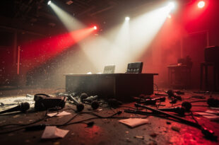 Overturned microphones and scattered papers in an empty television studio after a chaotic interview abandonment