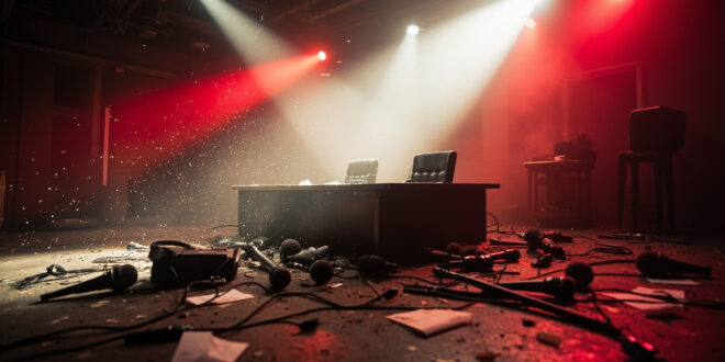 Overturned microphones and scattered papers in an empty television studio after a chaotic interview abandonment