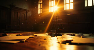Empty scales of justice beside scattered legal documents on judge's bench in abandoned courtroom at dusk