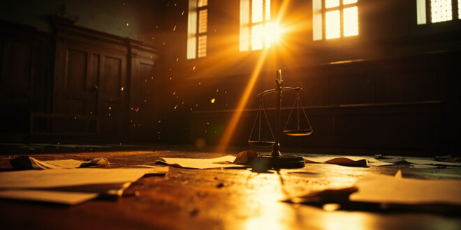 Empty scales of justice beside scattered legal documents on judge's bench in abandoned courtroom at dusk