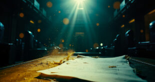 Empty parliament chamber with vacant seats and unsigned legislation documents on desk, bathed in blue and gold light
