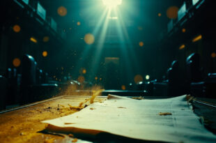 Empty parliament chamber with vacant seats and unsigned legislation documents on desk, bathed in blue and gold light