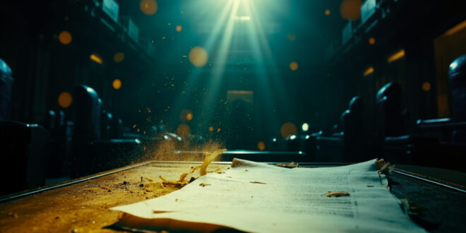 Empty parliament chamber with vacant seats and unsigned legislation documents on desk, bathed in blue and gold light
