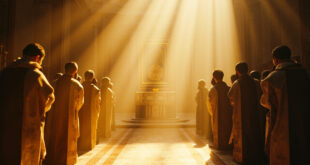 Empty papal throne with ceremonial vestments beside altar in serene Vatican chapel during moment of divine intervention