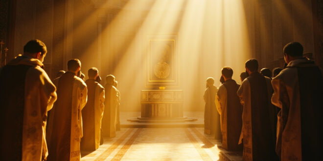 Empty papal throne with ceremonial vestments beside altar in serene Vatican chapel during moment of divine intervention