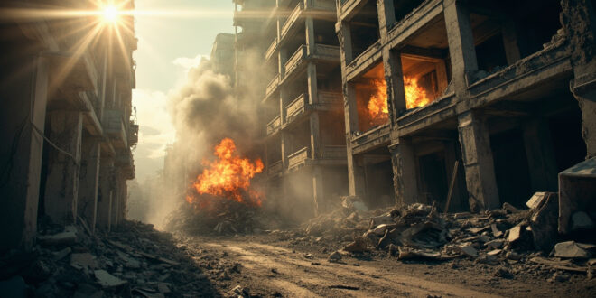 Destroyed building facade with broken windows amid crater and rubble in devastated urban area after explosion