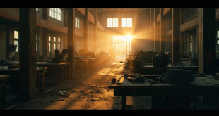 Abandoned military equipment and empty ammunition crates in a dimly lit warehouse at dusk