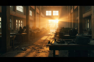 Abandoned military equipment and empty ammunition crates in a dimly lit warehouse at dusk