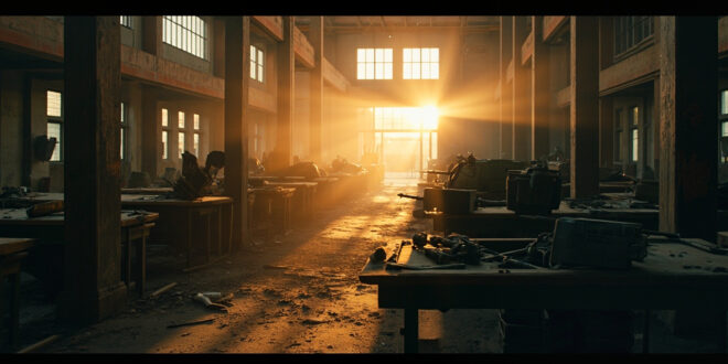 Abandoned military equipment and empty ammunition crates in a dimly lit warehouse at dusk