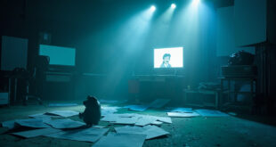 Abandoned animation studio with empty workstations, blank screens and scattered storyboards in a deserted media production facility