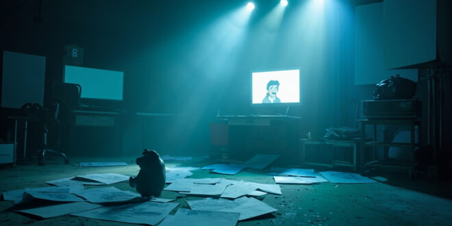 Abandoned animation studio with empty workstations, blank screens and scattered storyboards in a deserted media production facility