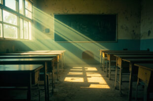 Empty school desks arranged in rows in an abandoned classroom with morning light streaming through windows