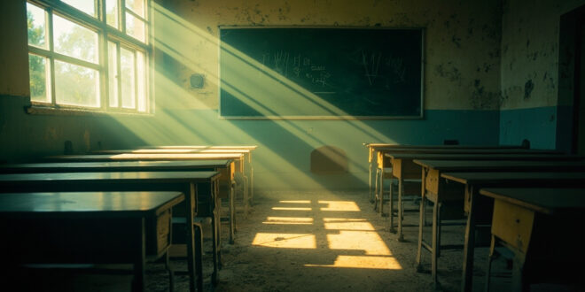 Empty school desks arranged in rows in an abandoned classroom with morning light streaming through windows
