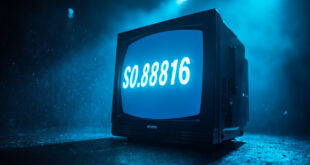 Empty television screen displaying record-breaking viewership statistics in a darkened broadcast studio with blue monitors