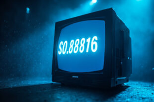 Empty television screen displaying record-breaking viewership statistics in a darkened broadcast studio with blue monitors
