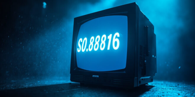 Empty television screen displaying record-breaking viewership statistics in a darkened broadcast studio with blue monitors
