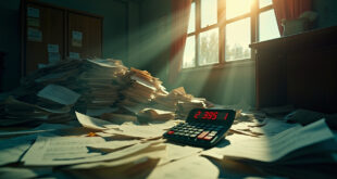 Government office desk abandoned with towering unpaid bills, calculator displaying massive debt figures amid scattered papers