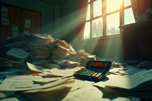 Government office desk abandoned with towering unpaid bills, calculator displaying massive debt figures amid scattered papers
