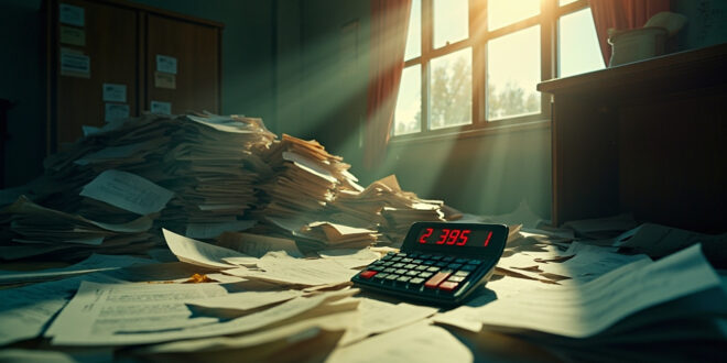 Government office desk abandoned with towering unpaid bills, calculator displaying massive debt figures amid scattered papers