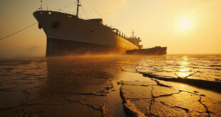 Cargo vessel stranded on dried Elbe riverbed with exposed mudflats and shallow water, highlighting severe drought impact