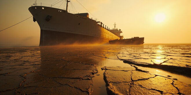 Cargo vessel stranded on dried Elbe riverbed with exposed mudflats and shallow water, highlighting severe drought impact