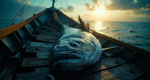 Enormous cod fish lying in an empty wooden fishing boat on a serene Norwegian fjord at morning