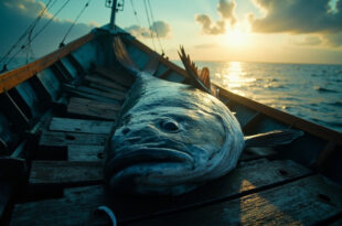 Enormous cod fish lying in an empty wooden fishing boat on a serene Norwegian fjord at morning