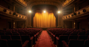 Empty opera house interior with burgundy velvet seats facing ornate gold stage with closed curtains, awaiting renaming decision