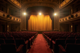 Empty opera house interior with burgundy velvet seats facing ornate gold stage with closed curtains, awaiting renaming decision