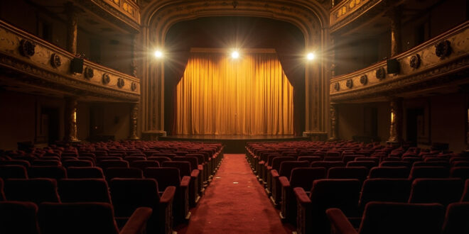 Empty opera house interior with burgundy velvet seats facing ornate gold stage with closed curtains, awaiting renaming decision