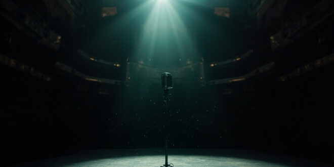 Vintage microphone stand illuminated by a single spotlight on an empty gothic stage in a darkened concert hall
