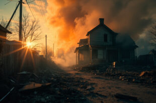 Charred remains of fire-damaged house with abandoned wheelchair visible in foreground at dawn in deserted neighborhood