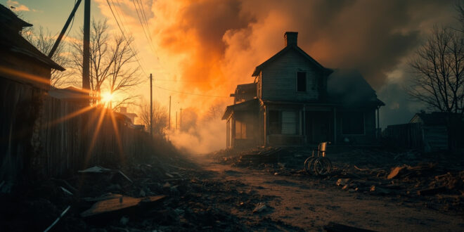 Charred remains of fire-damaged house with abandoned wheelchair visible in foreground at dawn in deserted neighborhood
