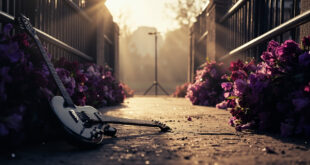 Solitary electric guitar leaning against memorial bench on empty bridge with floral tributes at Birmingham street ceremony
